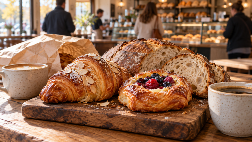 Almond croissant, berry Danish, and sliced rustic bread on a wooden board beside two coffee cups in a bakery café.