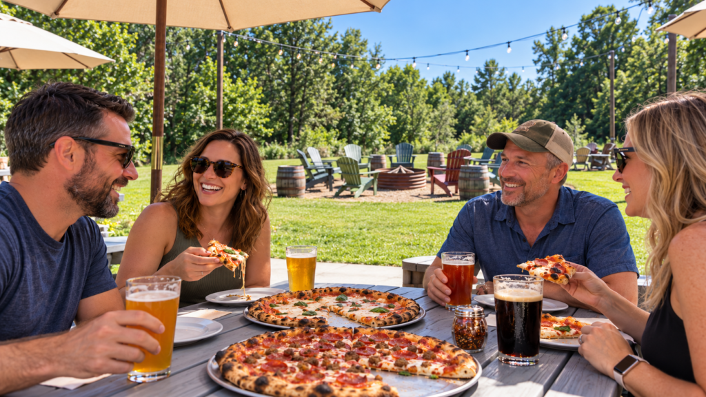 Four friends sharing pizzas and craft beers on a brewery patio, with a fire pit and Adirondack chairs across the lawn.