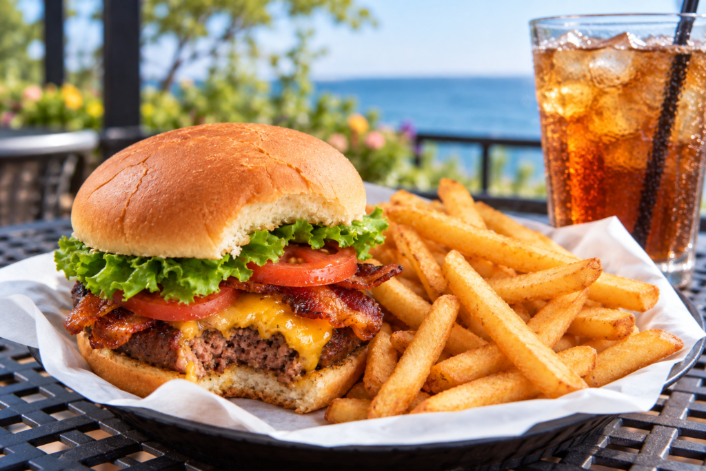 Bacon cheeseburger with lettuce, tomato, and fries on an outdoor patio table beside an iced drink, with a lake in the background.