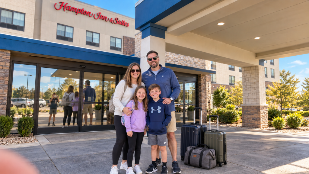 Parents and two children pose beside luggage outside Hampton Inn & Suites Benton Harbor, with another child taking the photo reflected in the doors.