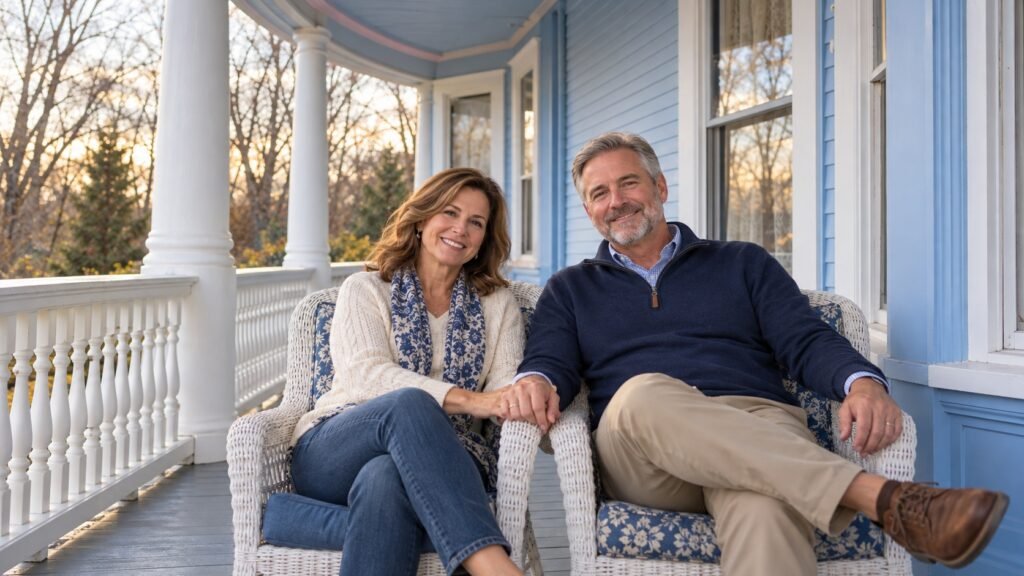 Middle-aged couple holding hands in wicker chairs on the curved porch of a blue Victorian-style inn.