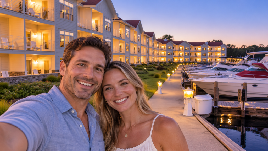 Couple taking a selfie beside a marina at dusk, with a waterfront hotel and illuminated walkway behind them.